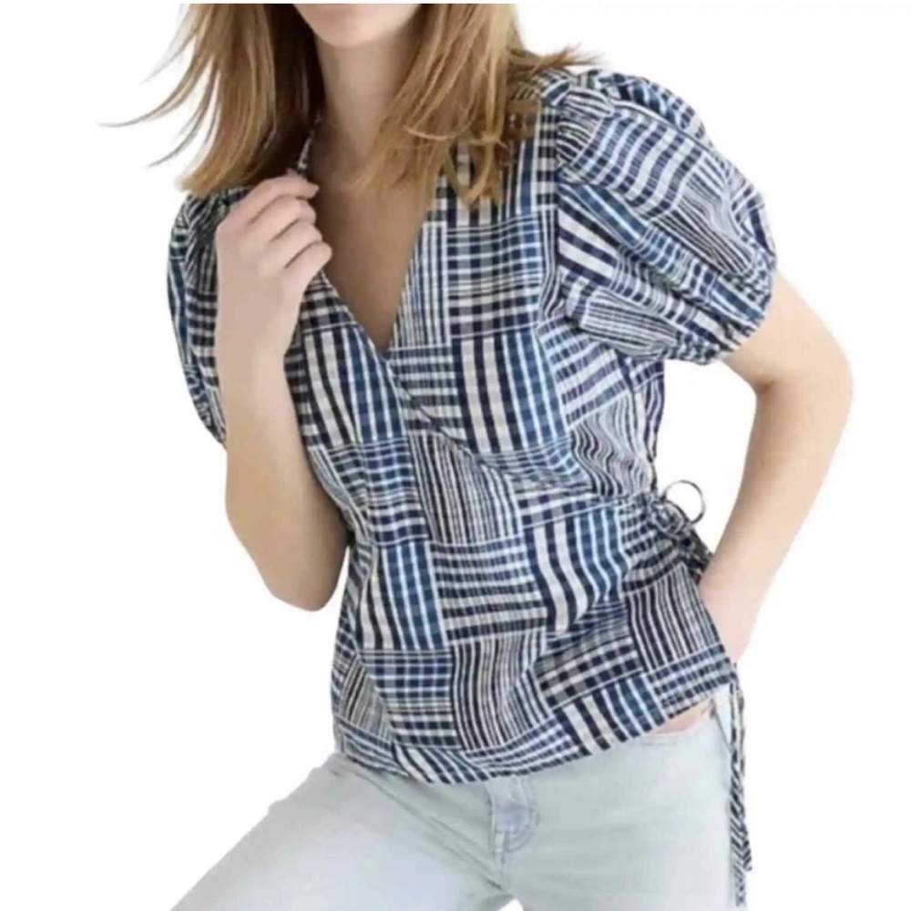 J. Crew Indigo Blue Plaid Patchwork Puff Sleeve Cropped Wrap Top - M